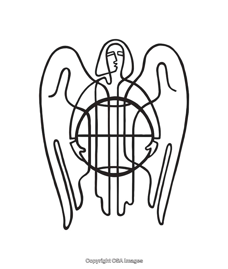 Abstract Line Art Depicting Angelic Figure Holding a Globe Symbol