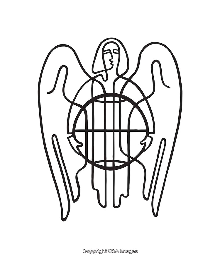 Abstract Line Art Depicting Angelic Figure Holding a Globe Symbol