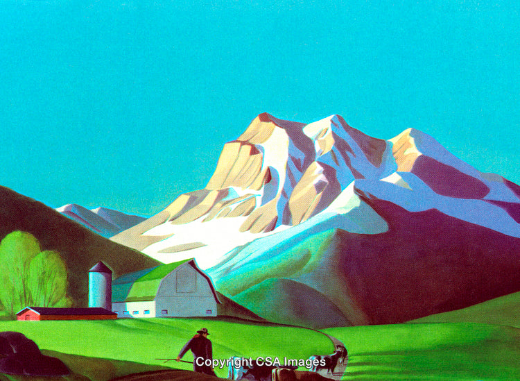 Rural Landscape with Farmhouse Against Stunning Mountain Backdrop