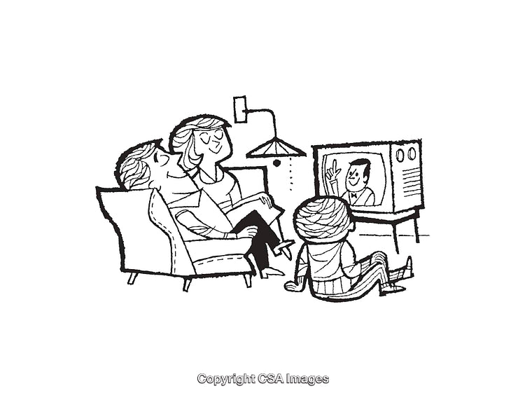 Family Relaxing Together Watching Television in Black and White Line Art Illustration