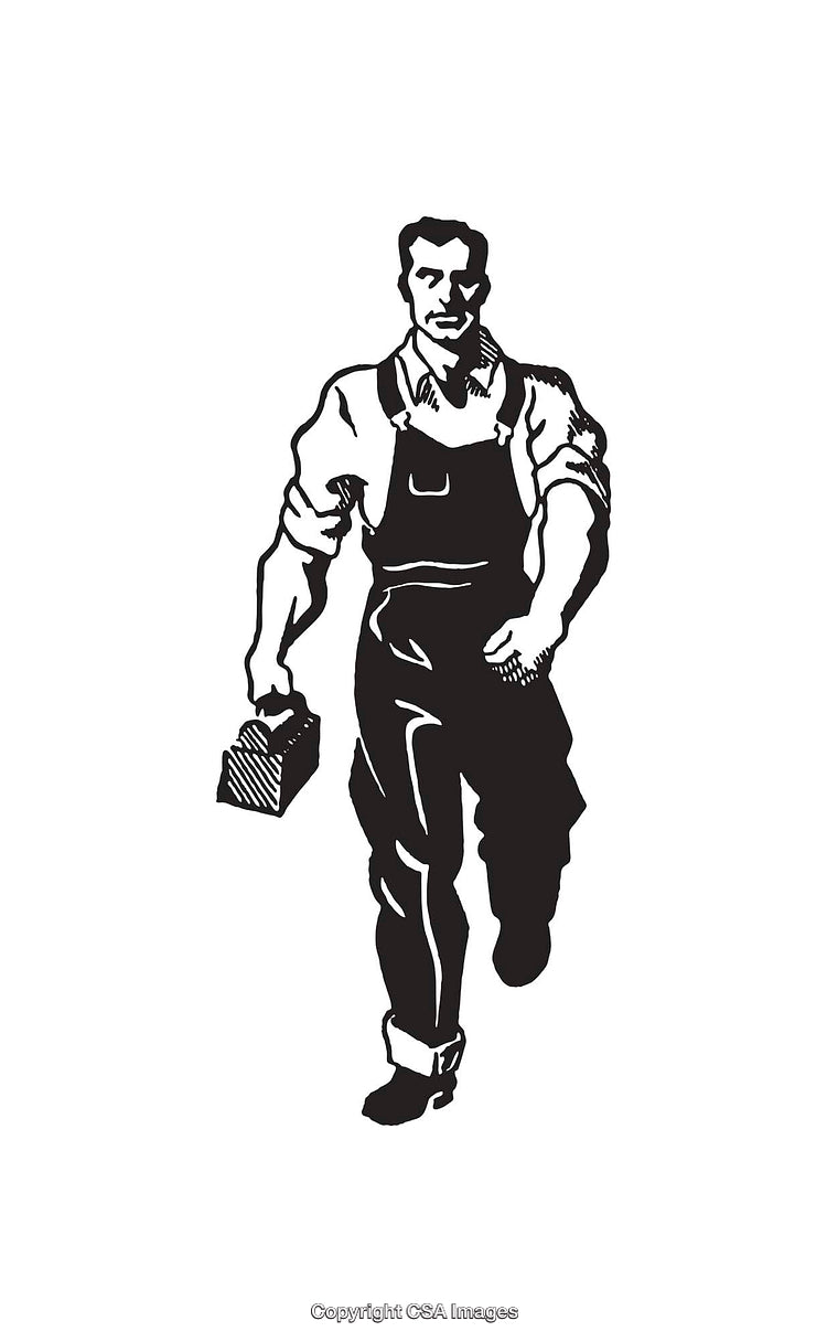 Black and White Illustration of a Strong Worker Carrying a Toolbox