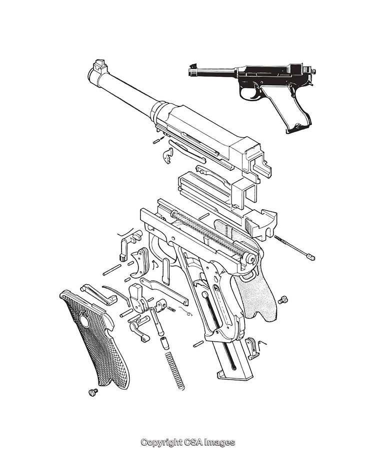 Exploded View Drawing of a Pistol Showing Components and Mechanics