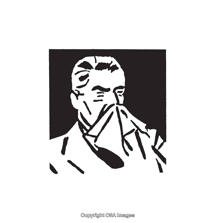 Black and White Artwork of Man Sneezing Into Handkerchief
