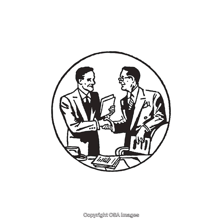 Vintage Illustration of Two Business Professionals Shaking Hands in Meeting
