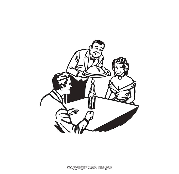 Vintage Line Art of a Waiter Serving a Couple at a Restaurant Table