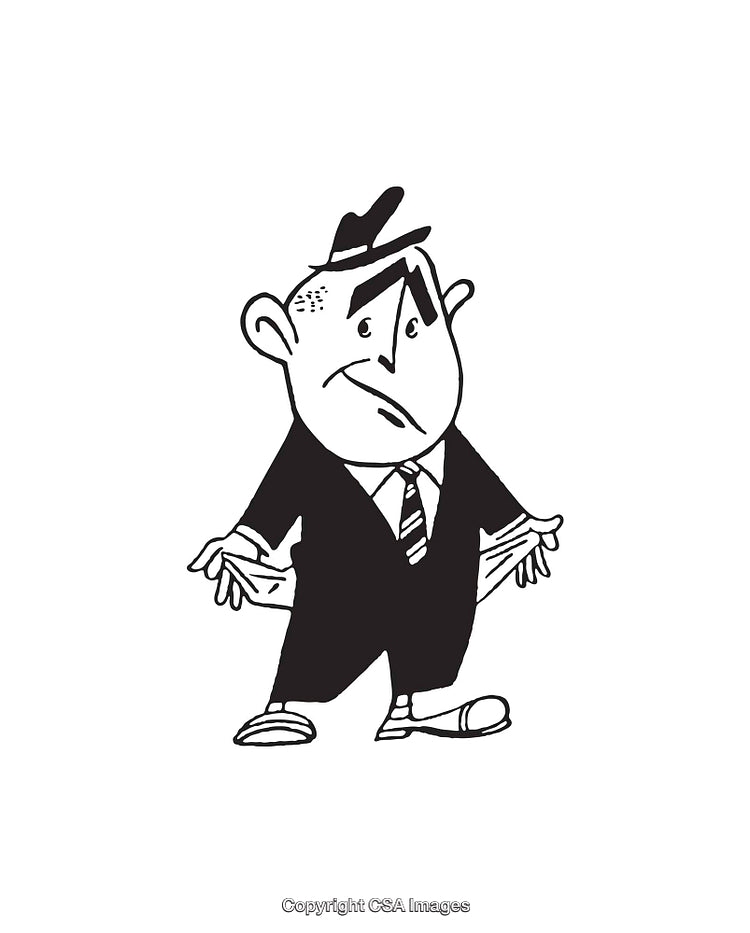 Black and White Cartoon of a Man With Empty Pockets