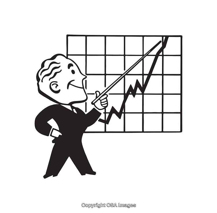Vintage Illustration of a Businessman Pointing to a Rising Chart