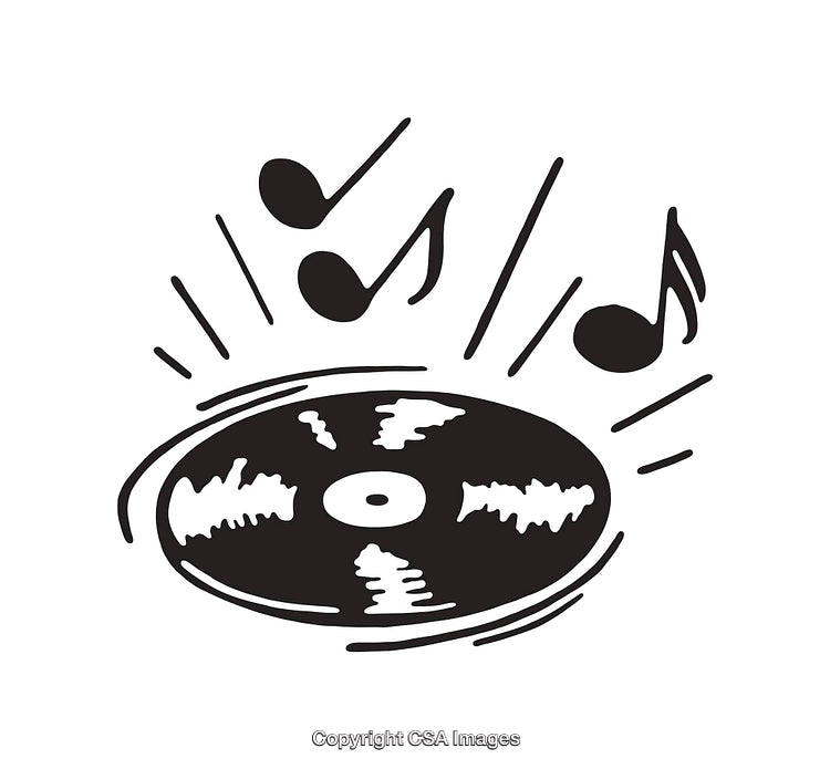 Black and White Line Art of Vinyl Record and Musical Notes