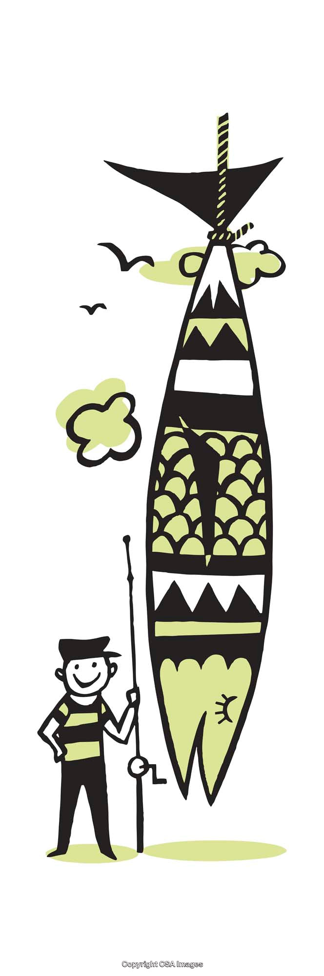 Cartoon Fisherman Holding Huge Fish in Whimsical Style Illustration
