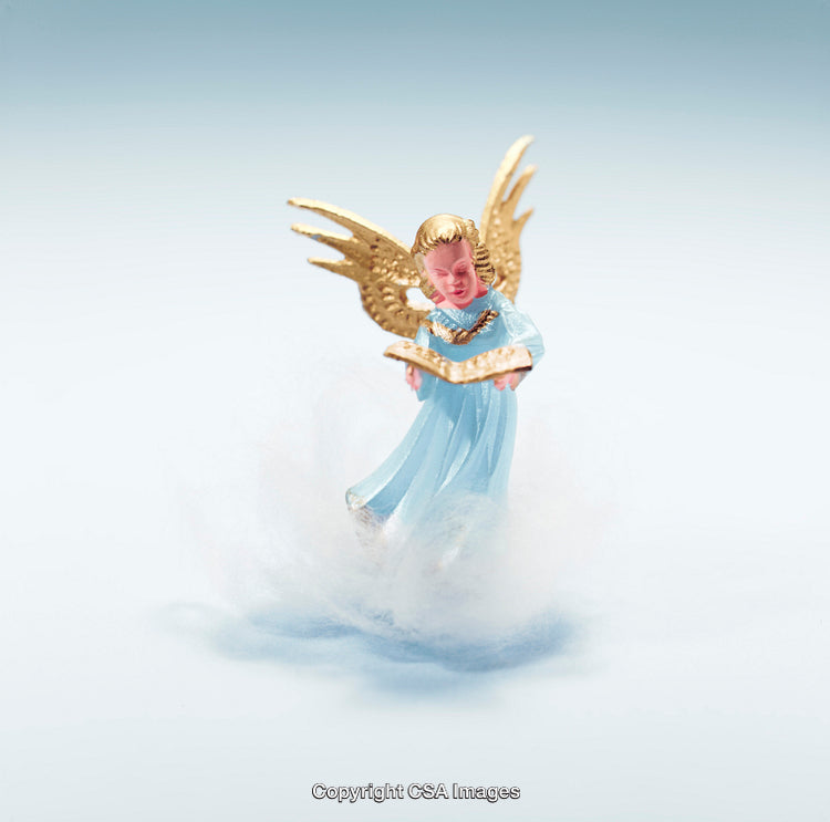 Golden Winged Angel Figurine with Book in Heavenly Scene
