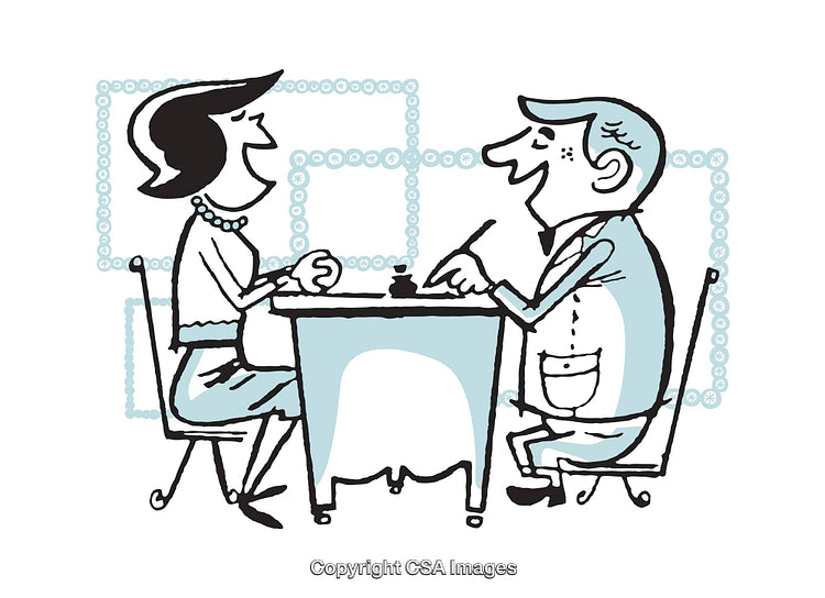 Friendly Cartoon Illustration of Two People Conversing at a Table