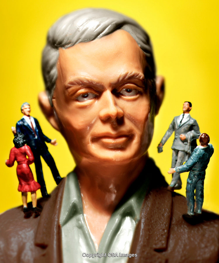 Colorful Representation of Miniature Figures Interacting Around a Sculpted Head