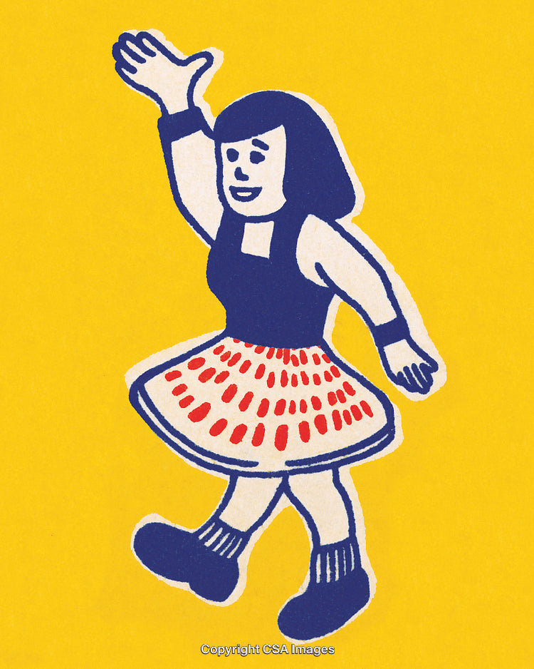 Playful Vintage Illustration of a Dancing Girl on a Yellow Background