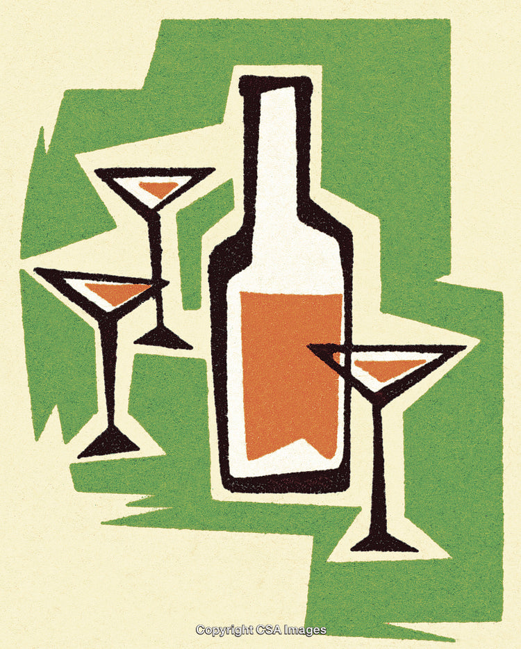 Abstract Illustration of Beverage Bottle with Glasses in Vibrant Retro Design