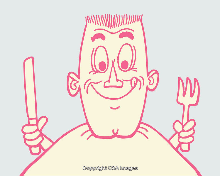 Retro Style Cartoon Illustration of Man Holding Knife and Fork Enthusiastically