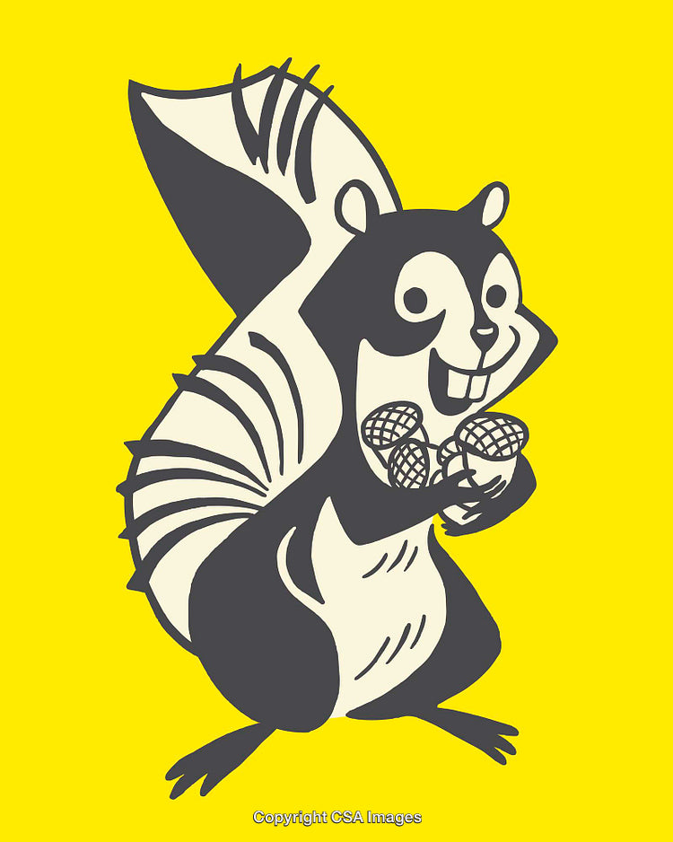 Creative Yellow Background Illustration of a Squirrel Holding Acorns