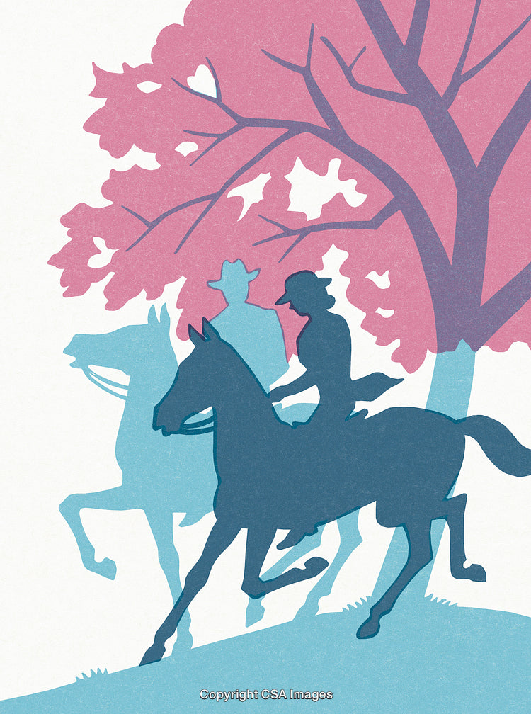 Silhouette of Riders on Horses by a Vibrant Tree During Daytime
