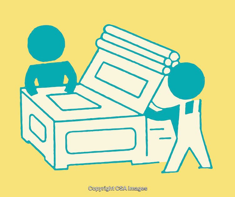 Color Line Art Illustration of Two Figures Operating a Printing Machine