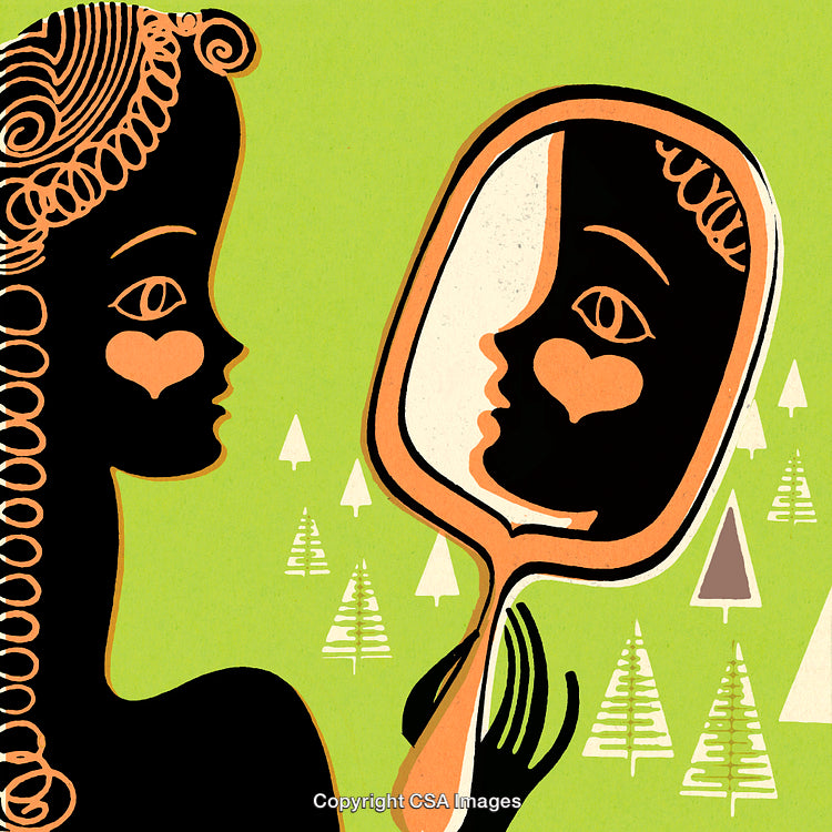 Silhouette of Woman Reflecting in Decorative Hand Mirror on Abstract Backdrop