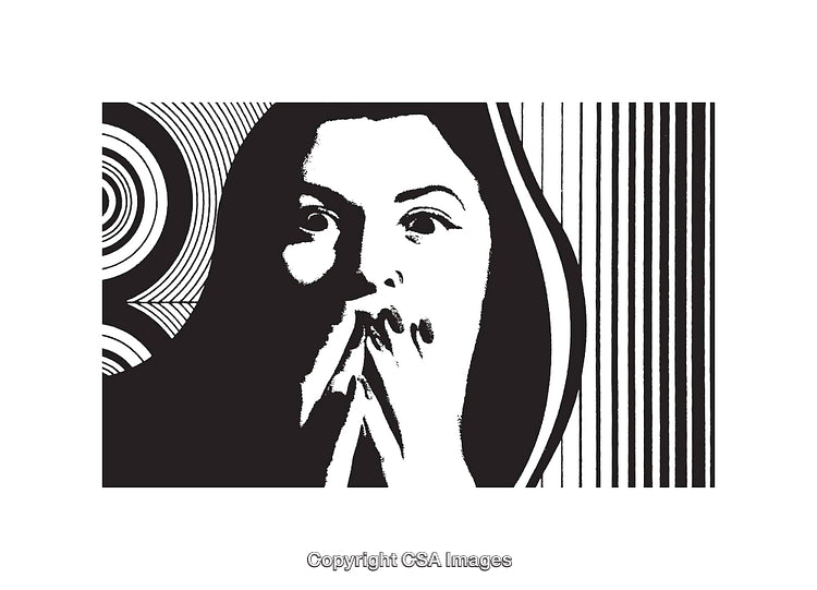 Black and White Line Art of Surprised Woman with Artistic Patterns
