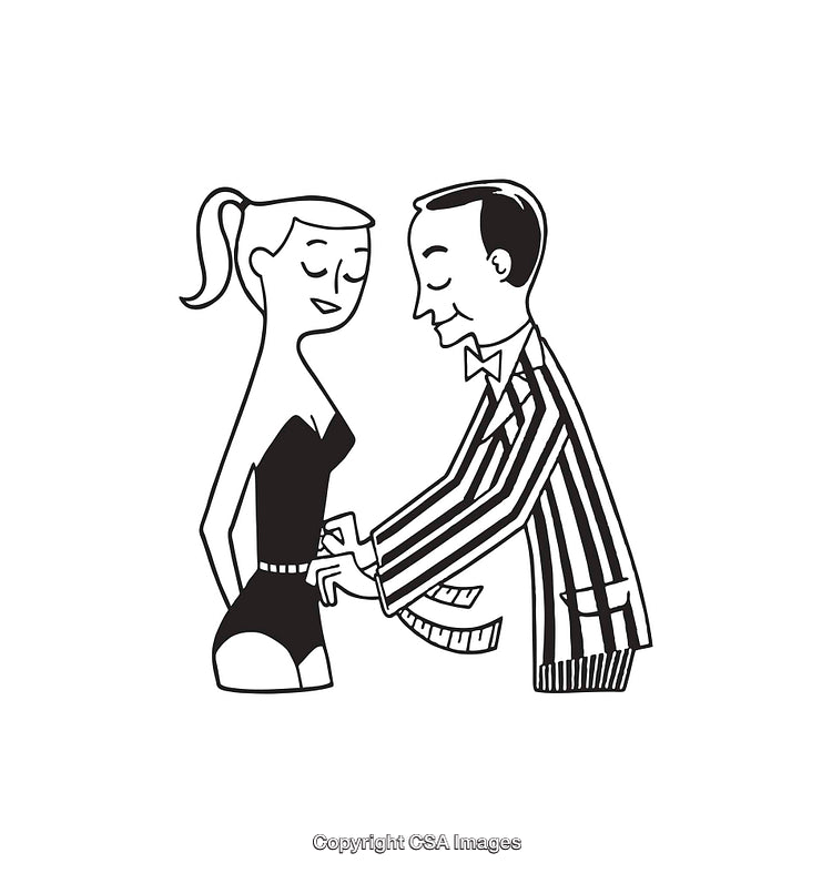 Black and White Line Art of Tailor Measuring Woman's Outfit