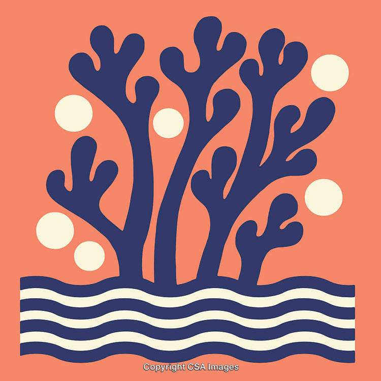 Colorful Abstract Coral Illustration with Waves and Dots on Vibrant Background