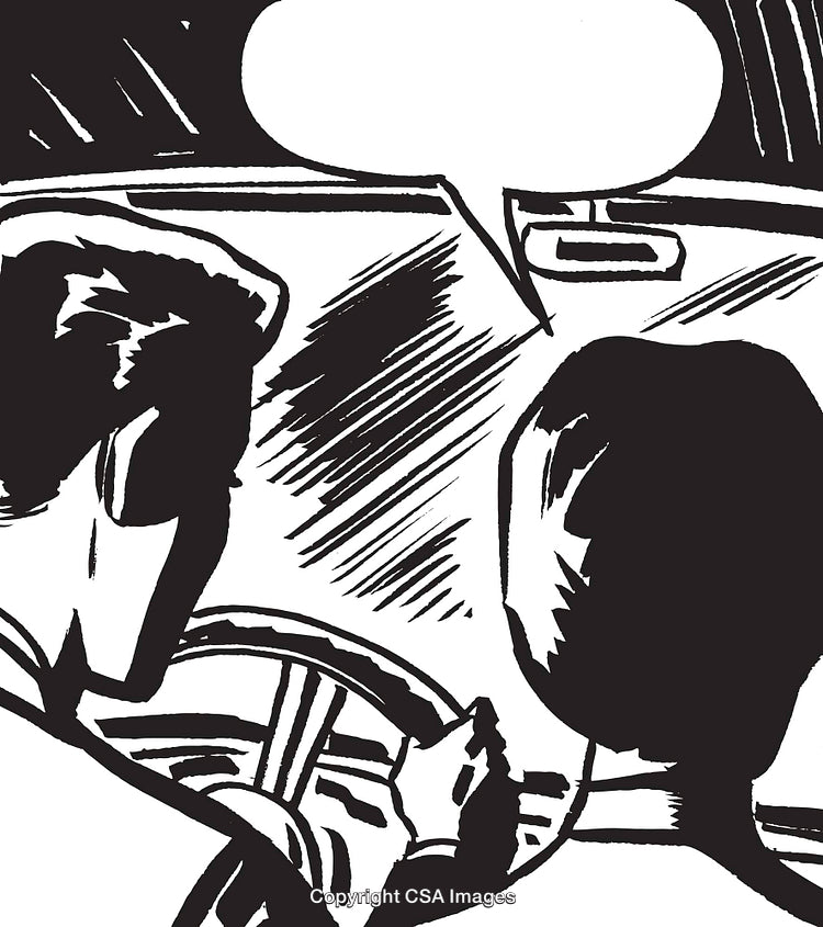 Retro Styled Noir Illustration of Two Characters Riding in a Car