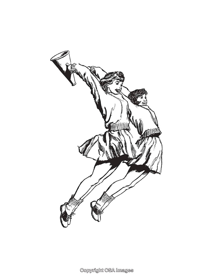 Vintage Illustration of Cheerful Cheerleaders Jumping With Megaphone