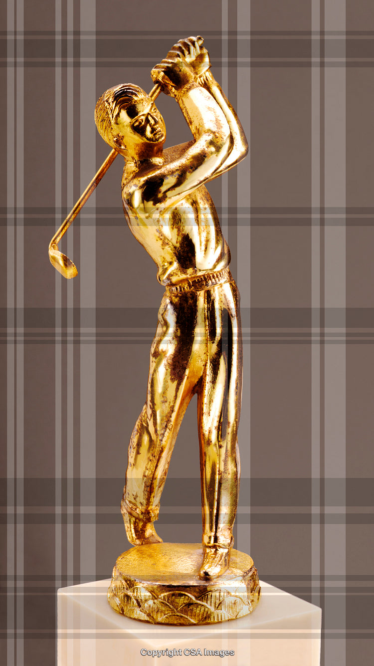 Golden Statue of a Golfer Swinging a Club with Stylish Background