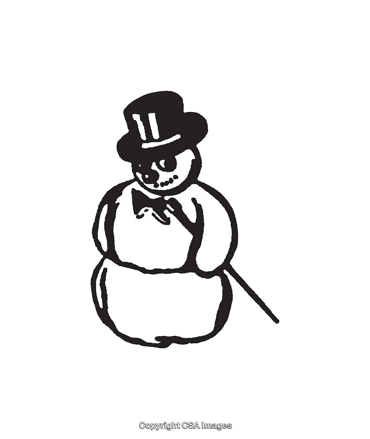 Vintage Snowman Drawing with Top Hat and Cane in Black and White