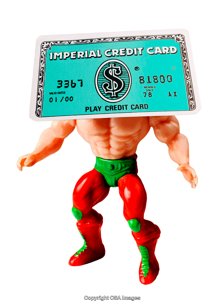 Action Figure Sculpture with a Toy Credit Card Displayed as Head