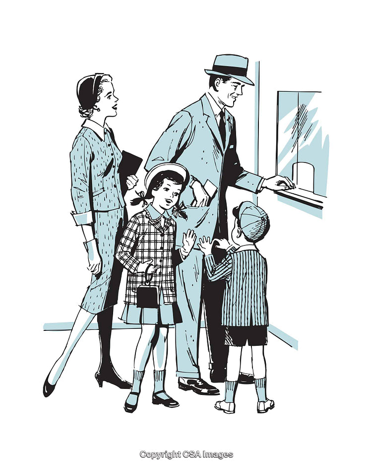 Retro Illustration of a Family at a Ticket Counter Window