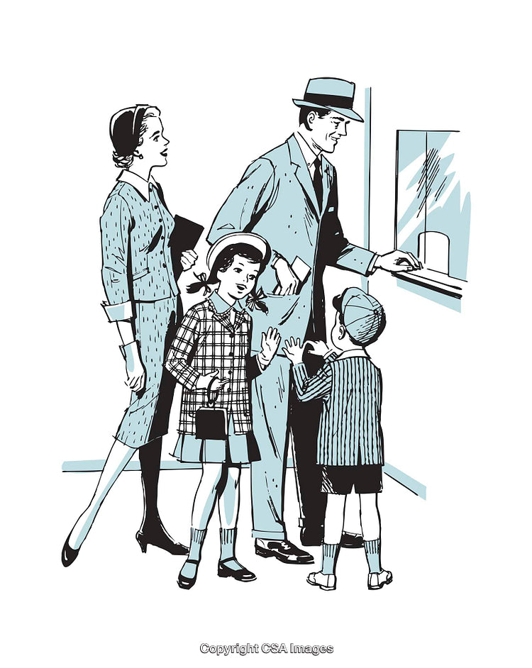 Retro Illustration of a Family at a Ticket Counter Window