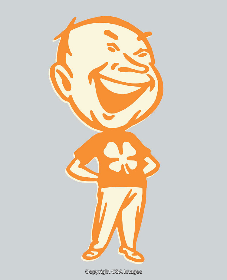 Smiling Character in Orange Shirt with Shamrock Design
