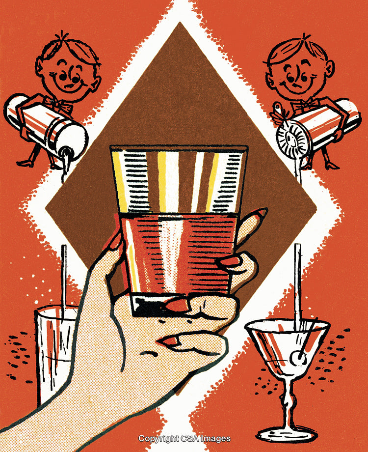 Retro Illustration of Beverage Servings with Hand and Playful Characters