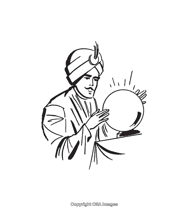Classic Black and White Illustration of a Fortune Teller With Crystal Ball