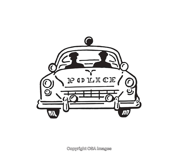 Illustrated Classic Police Car with Silhouettes in Black and White Artwork