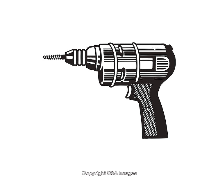 Vintage Black and White Illustration of a Power Drill
