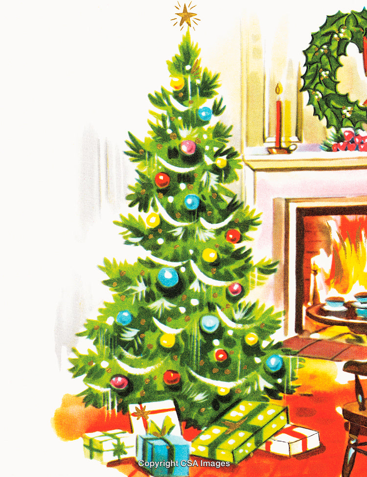 Festive Christmas Tree Decorated with Gifts by a Cozy Fireplace