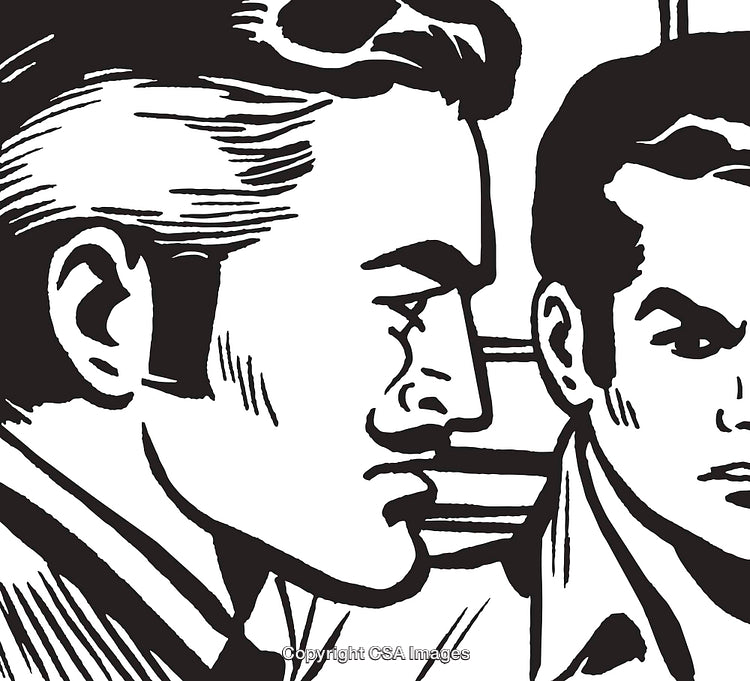 Retro Black and White Illustration Featuring Two Men in Discussion