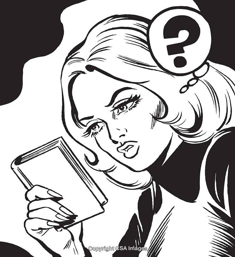 Retro-Style Illustration of a Woman Reading a Book and Questioning