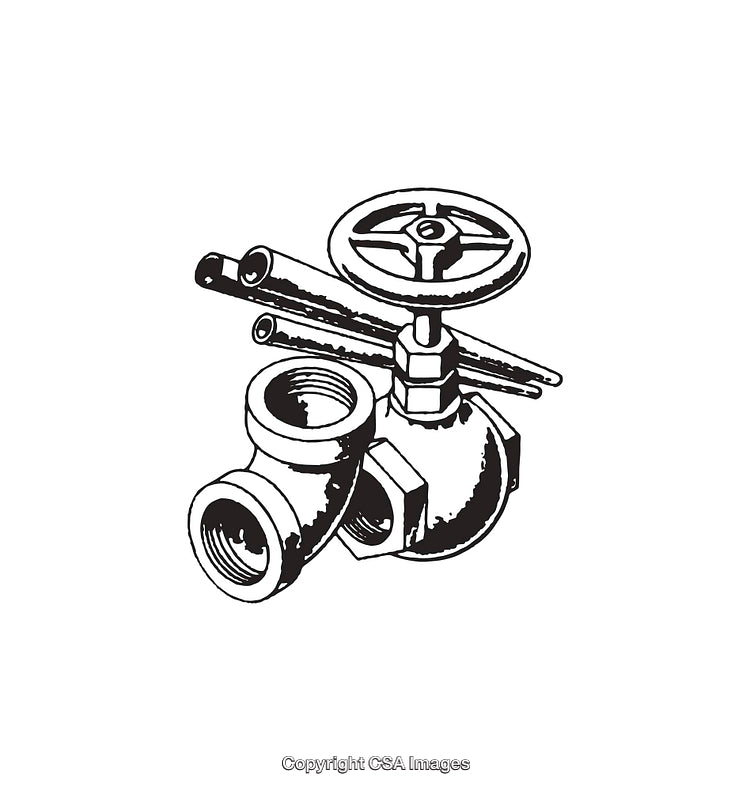 Black and White Line Art Illustration of a Plumbing Valve and Tools