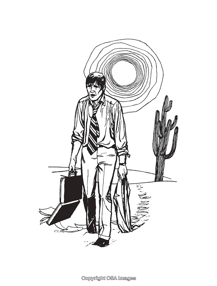 Black and White Illustration of a Businessman Walking in a Desert Scene