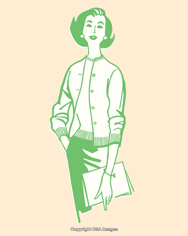 Retro-Styled Woman Illustration with Pastel Green and Beige Colors