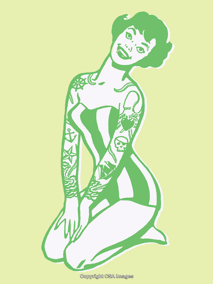 Vibrant Line Art of Retro Woman with Tattoos in Green and White