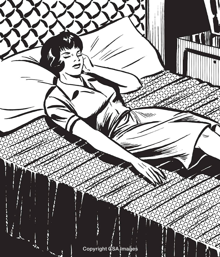 Relaxed Woman Reclining on Bed in Classic Black and White Illustration