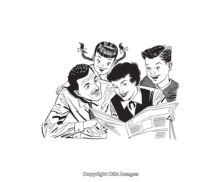 Retro Illustration of a Happy Family Reading Together in Black and White