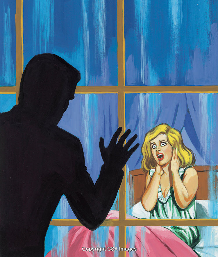 Frightened Woman Observed by Mysterious Figure at Night Through Window