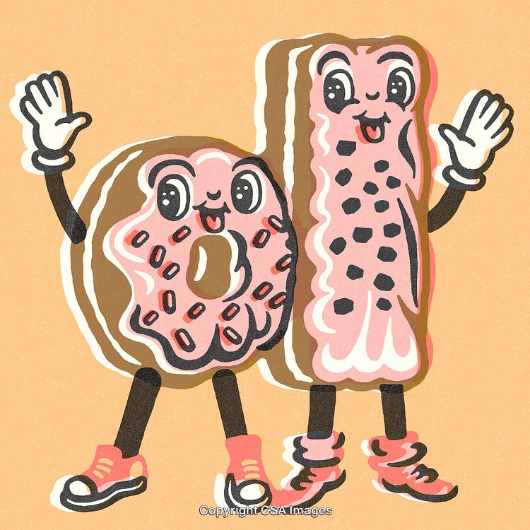 Anthropomorphic Donut and Eclair Characters on a Fun Vibrant Background
