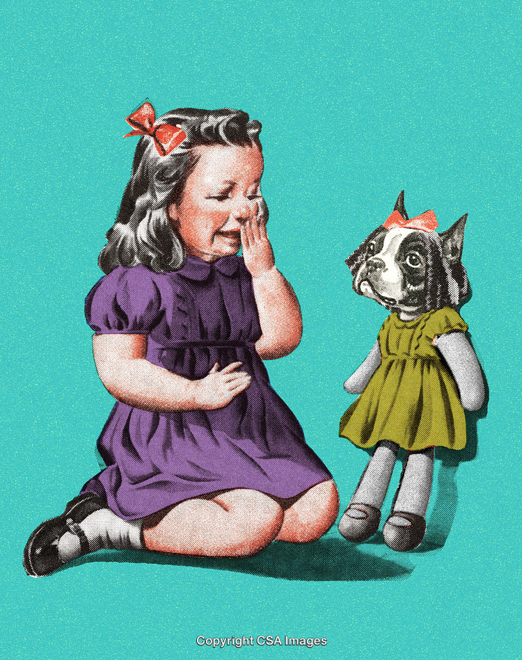 Vintage Illustration of a Girl with a Doll Featuring an Animal Face